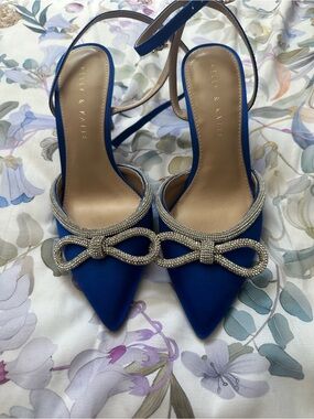 KELLY & KATIE Royal Blue Satin Pointed Slingback Heels with Crystal Bow